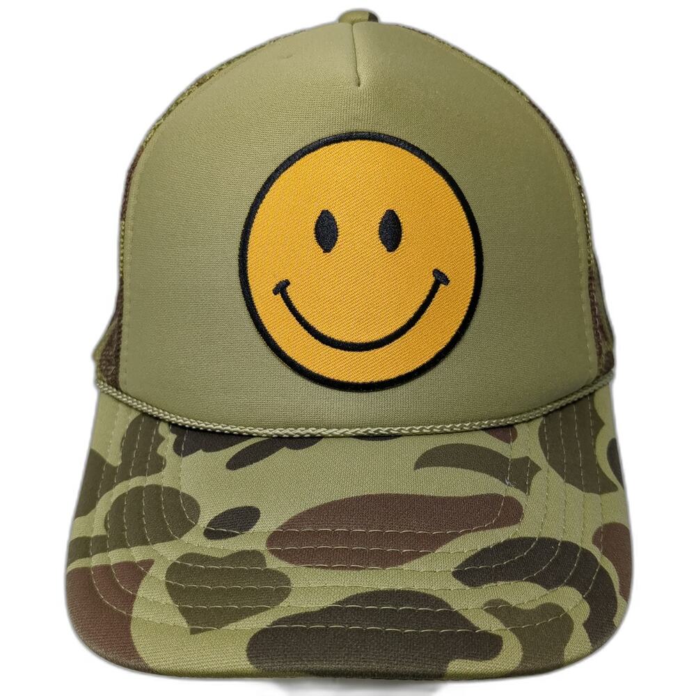 Ascot + Hart Trucker Hat Green Camo One Size Smiley Face Mesh Snapback